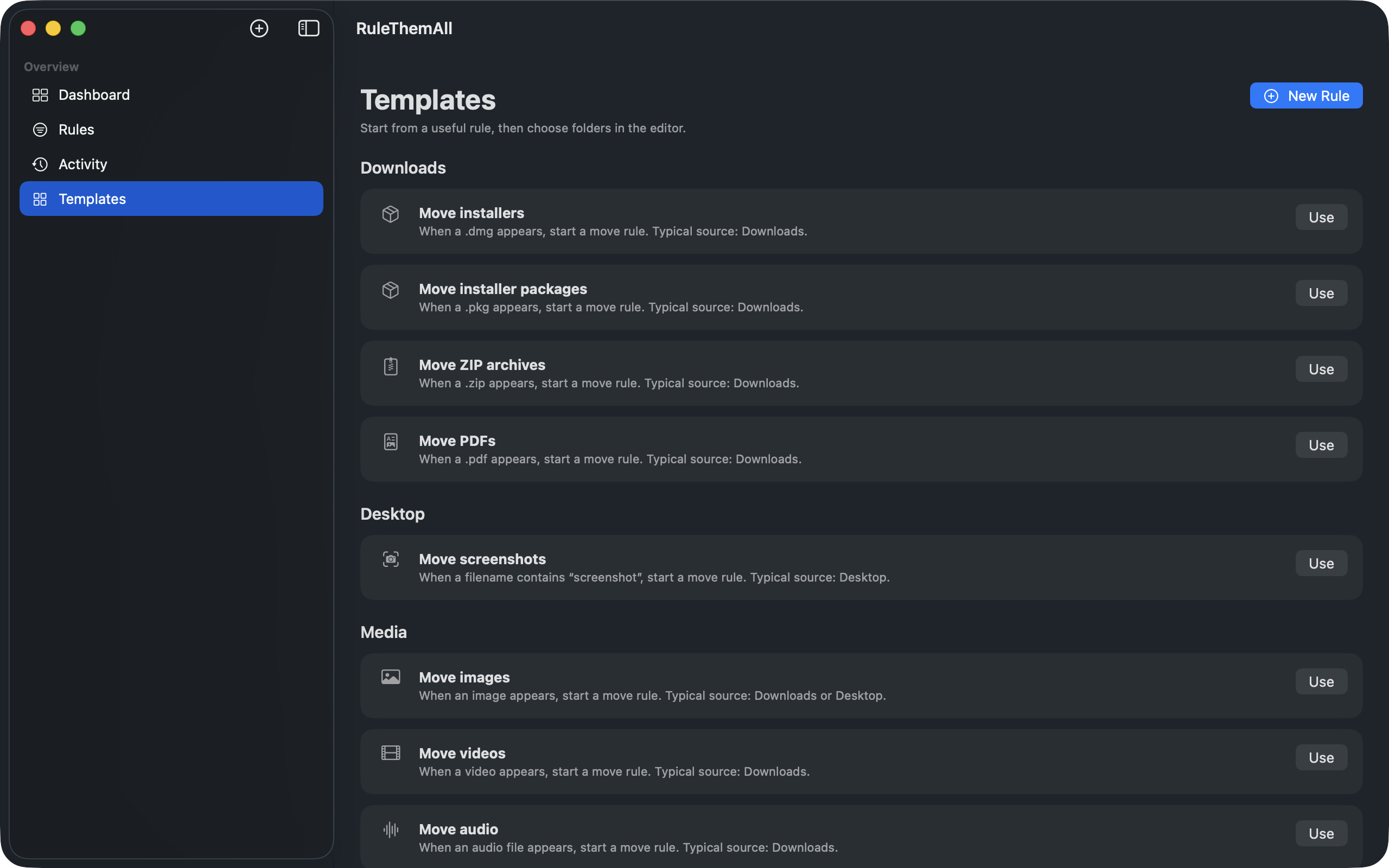 Templates in RuleThemAll for installers, archives, PDFs, screenshots, and media.